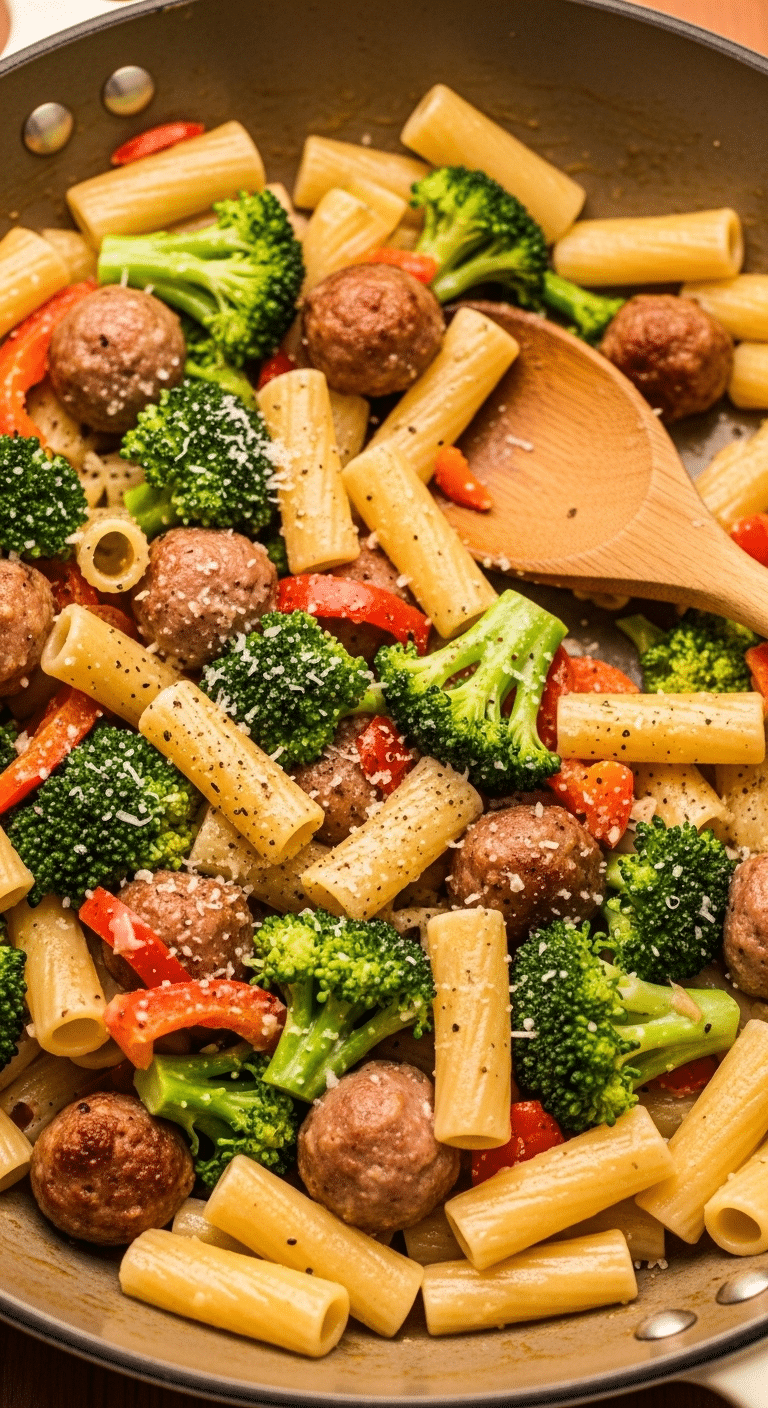A skillet of homemade, one-pan Sausage and Broccoli Pasta.