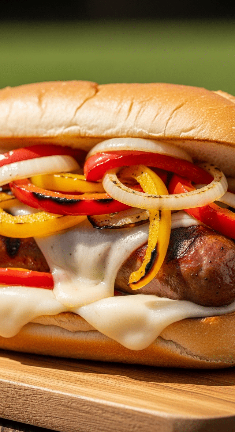 A delicious, homemade Grilled Sausage and Pepper Sandwich.