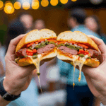 Two hands holding a finished Grilled Sausage and Pepper Sandwich.