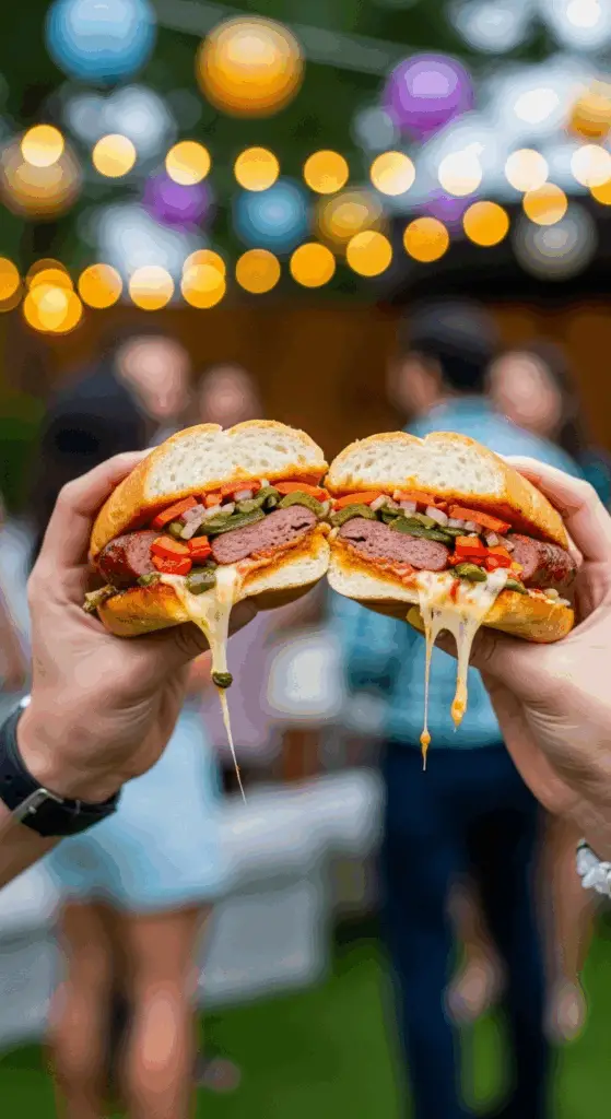 Two hands holding a finished Grilled Sausage and Pepper Sandwich.