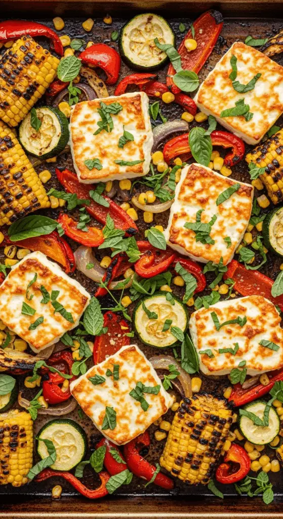 A finished sheet pan with roasted summer vegetables and baked feta cheese.