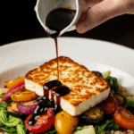 A finished bowl of the Sheet Pan Baked Feta and vegetables, drizzled with balsamic glaze.