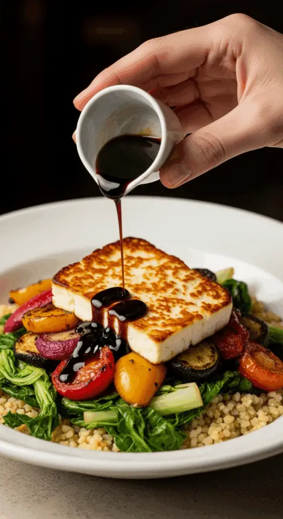 A finished bowl of the Sheet Pan Baked Feta and vegetables, drizzled with balsamic glaze.