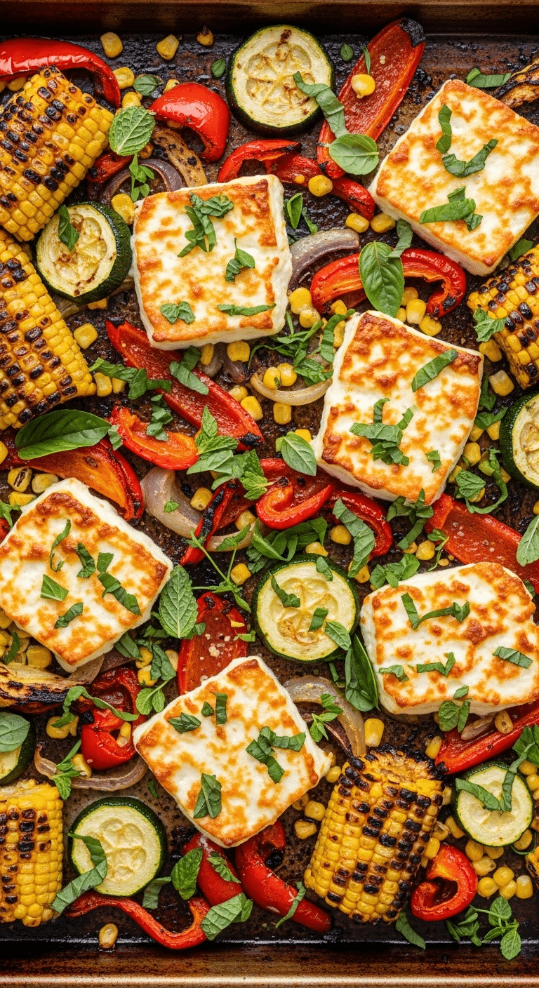 A finished sheet pan with roasted summer vegetables and baked feta cheese.