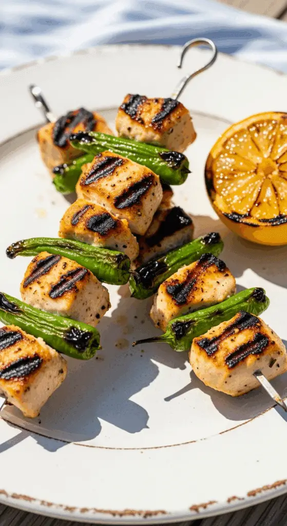 Two homemade, grilled Lemon Chicken and Shishito Pepper Kebabs on a plate.