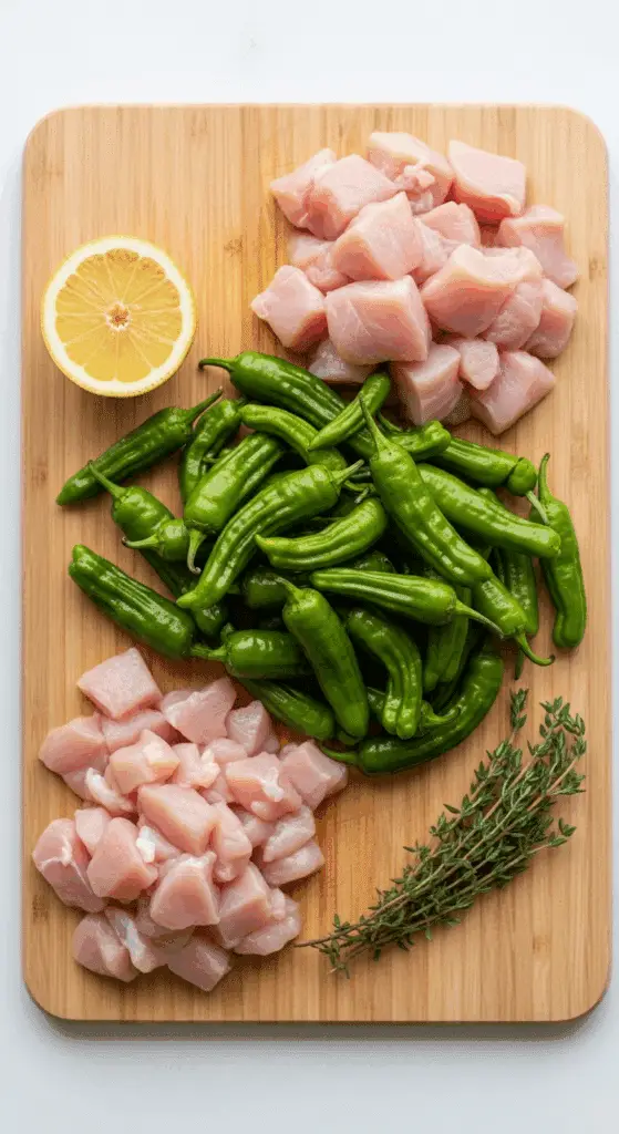 Fresh ingredients for the Lemon Chicken and Shishito Pepper Kebabs.