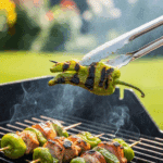 Cooked Lemon Chicken and Shishito Pepper Kebabs being lifted off a hot grill.