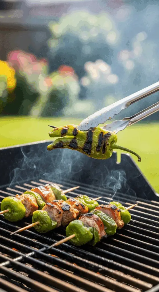 Cooked Lemon Chicken and Shishito Pepper Kebabs being lifted off a hot grill.