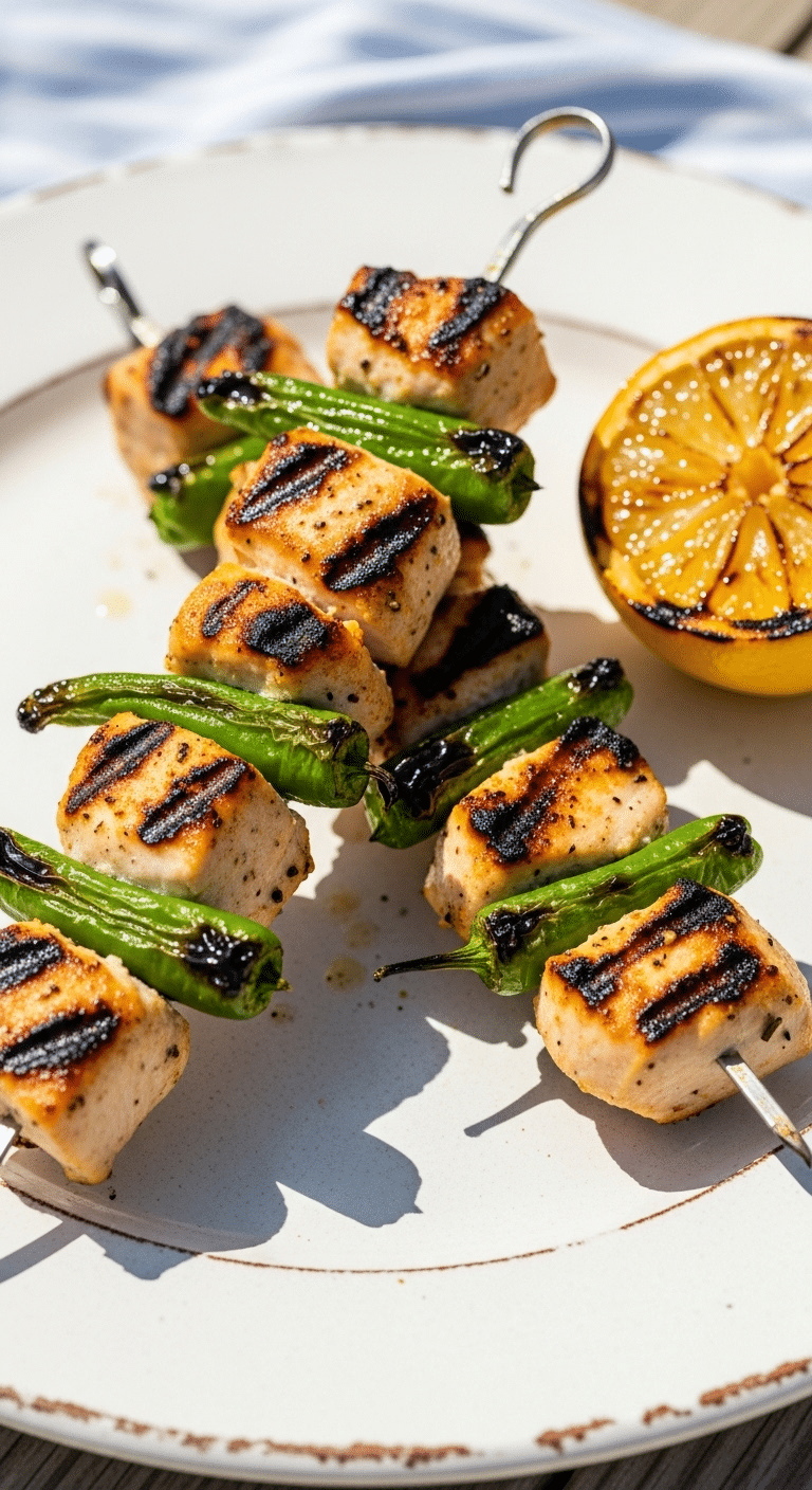 Two homemade, grilled Lemon Chicken and Shishito Pepper Kebabs on a plate.