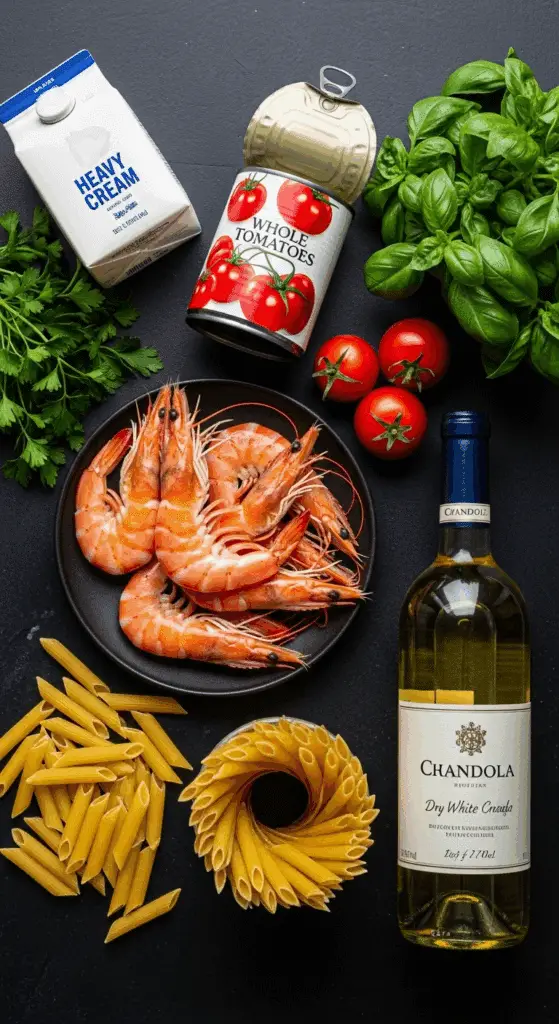Fresh ingredients for the Shrimp Pasta with Cream Sauce recipe.