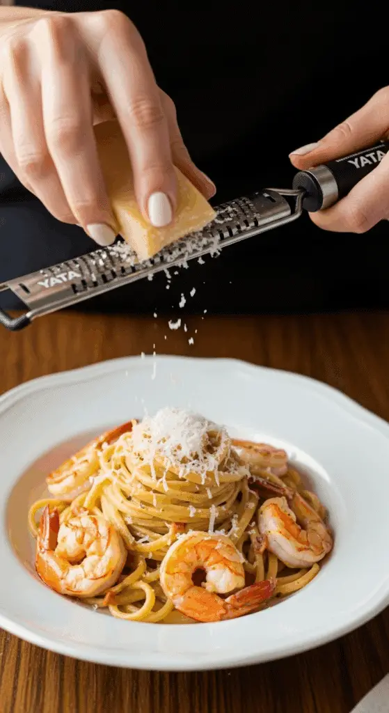 Grating fresh Parmesan cheese over a bowl of the finished Shrimp Pasta with Cream Sauce.