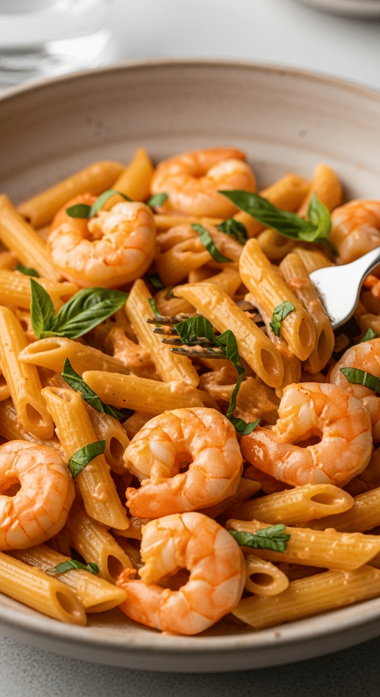 A bowl of homemade, creamy Shrimp Pasta with Cream Sauce.