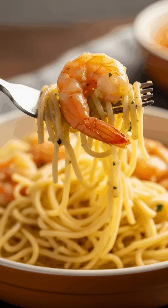 A forkful of the finished Shrimp Scampi with a juicy shrimp.