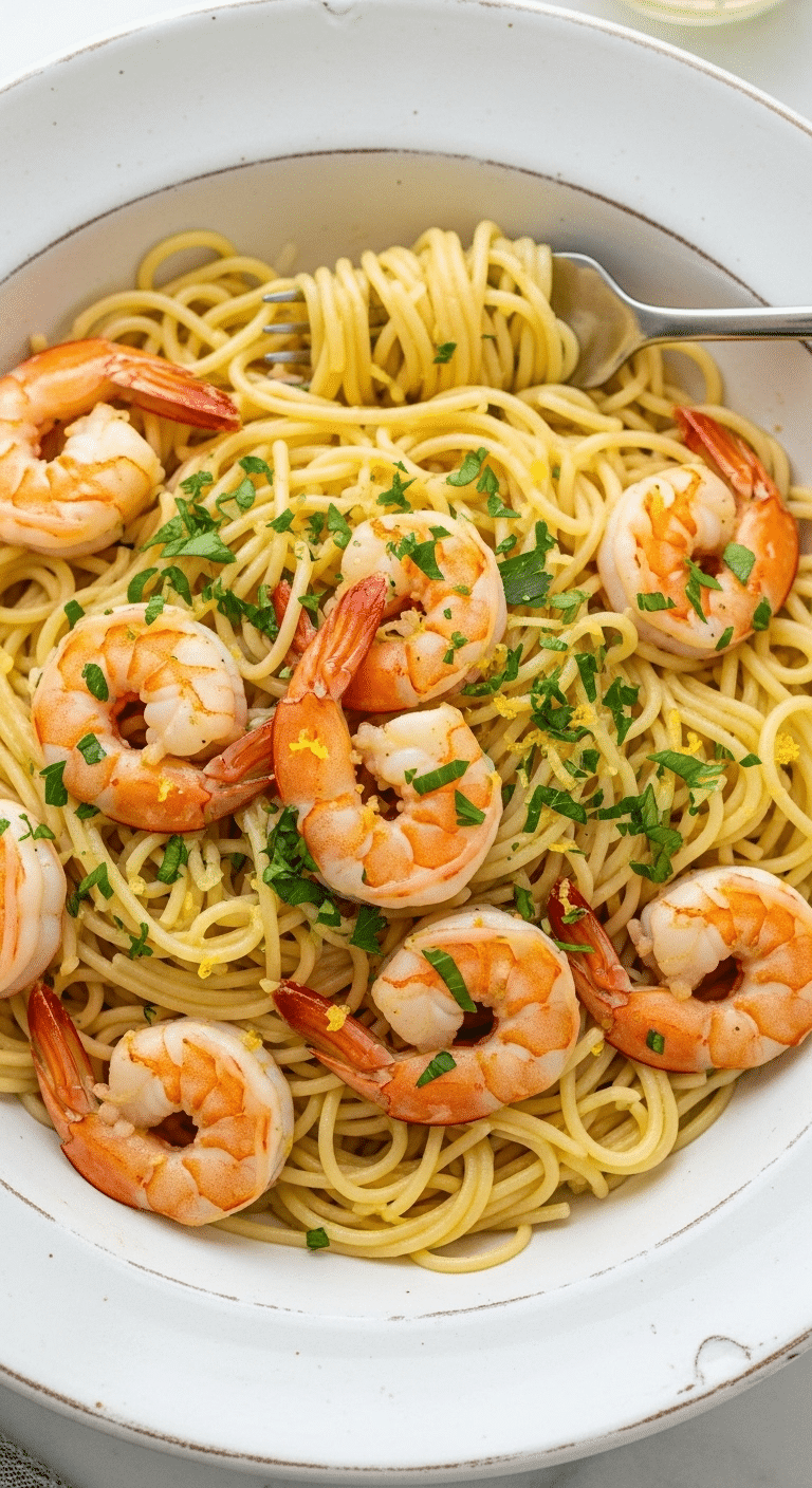 A beautiful bowl of homemade, restaurant-quality Shrimp Scampi with angel hair pasta.
