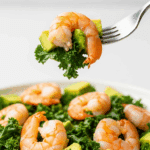 A forkful of the finished Grilled Shrimp and Avocado Salad.