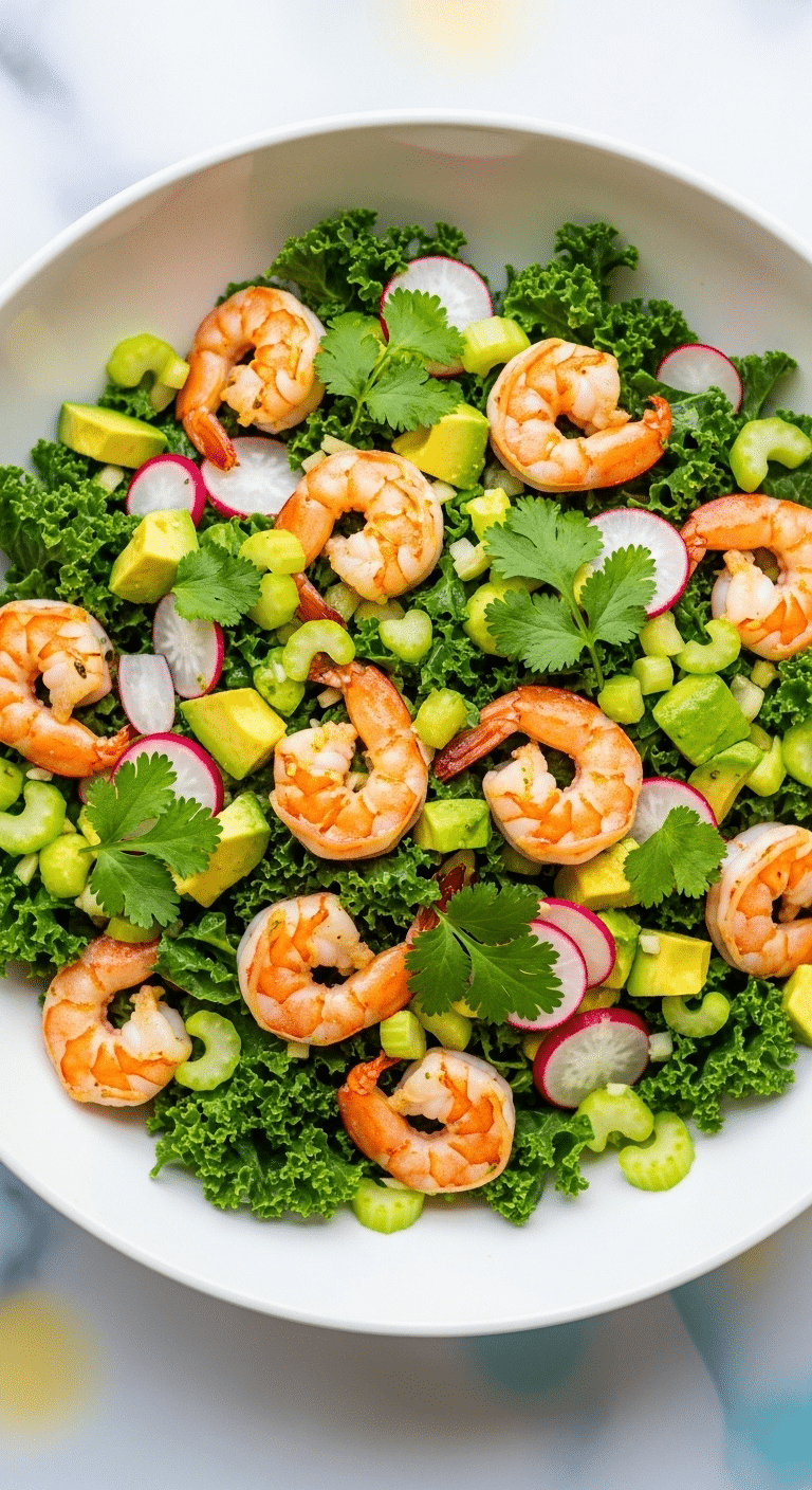 A large bowl of fresh and healthy homemade Grilled Shrimp and Avocado Salad.