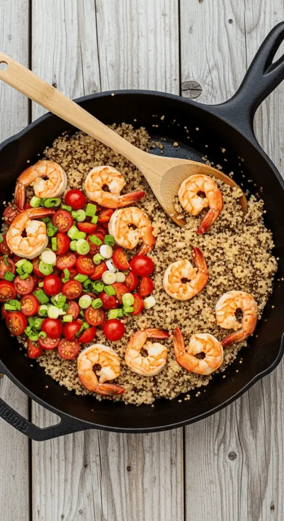 A healthy one-skillet meal of Cajun Shrimp and Quinoa topped with fresh tomatoes.