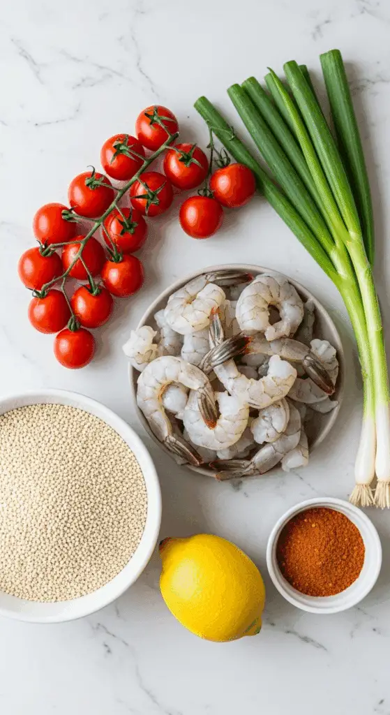 Fresh ingredients for the healthy Shrimp and Quinoa Skillet.
