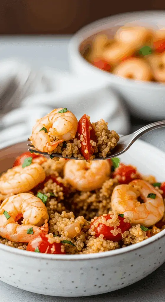 A healthy and delicious serving of the finished Shrimp and Quinoa Skillet in a bowl.