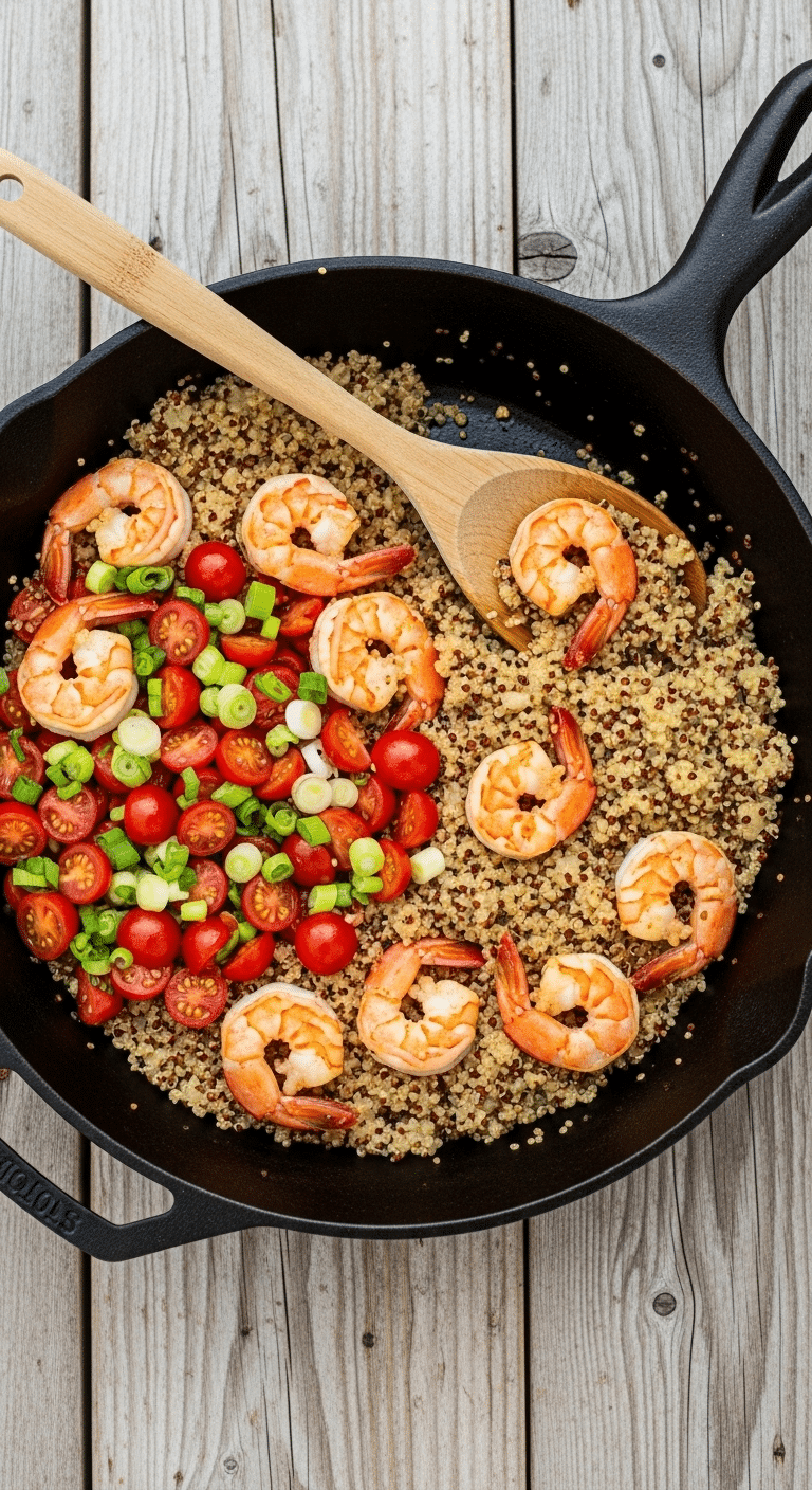 A healthy one-skillet meal of Cajun Shrimp and Quinoa topped with fresh tomatoes.