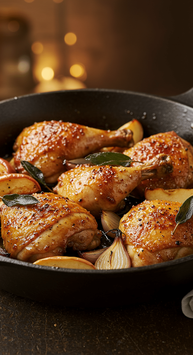 A rustic cast-iron skillet filled with crispy, golden-brown Maple-Glazed Chicken, apples, and shallots.