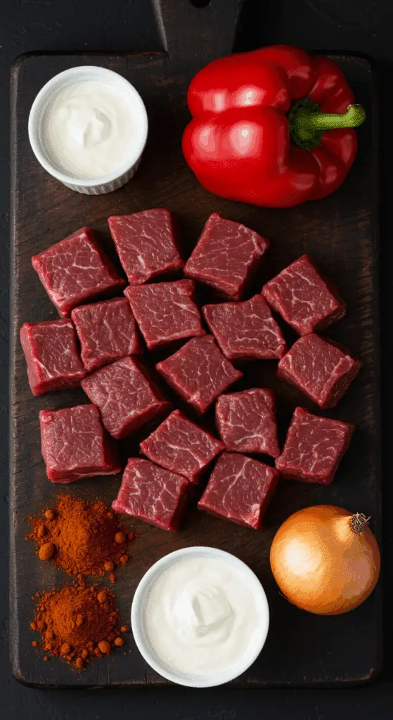 The rustic ingredients for Slow Cooker Beef Paprikash, including beef, paprika, and sour cream.