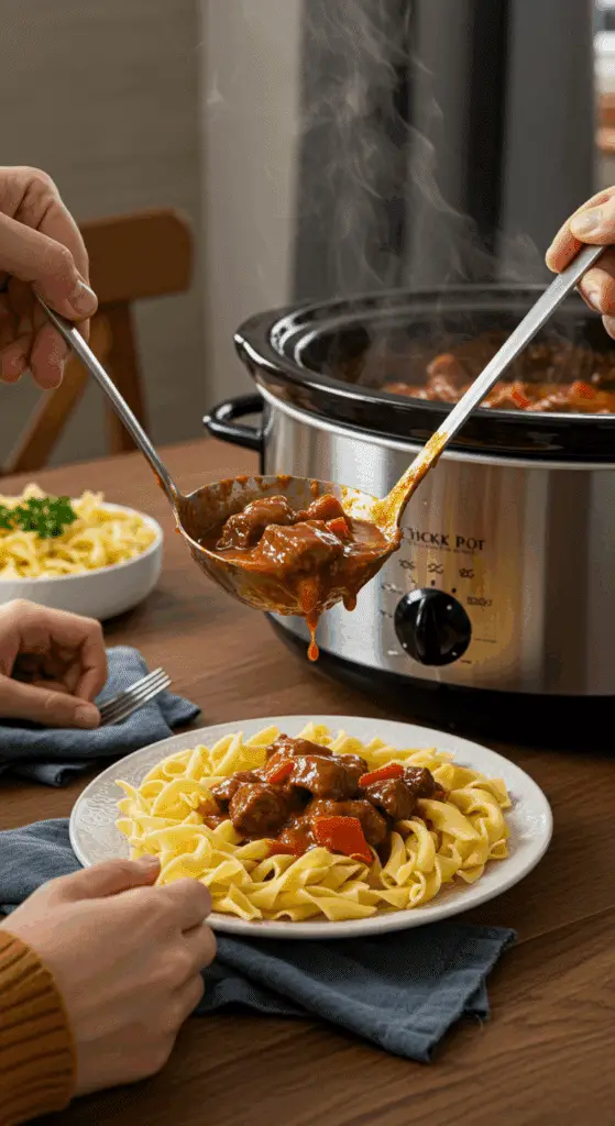 A person serving a large scoop of Slow Cooker Beef Paprikash from the pot.