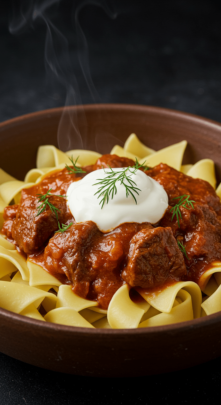 A rustic, hearty bowl of Slow Cooker Beef Paprikash served over egg noodles with a dollop of sour cream.