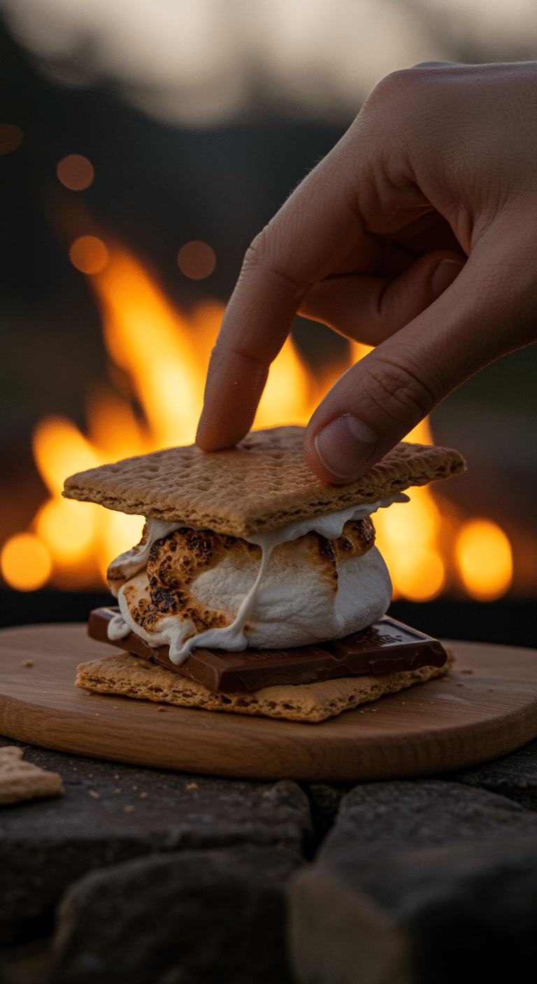 A perfect, gooey, golden-brown s'more being assembled in front of a campfire.