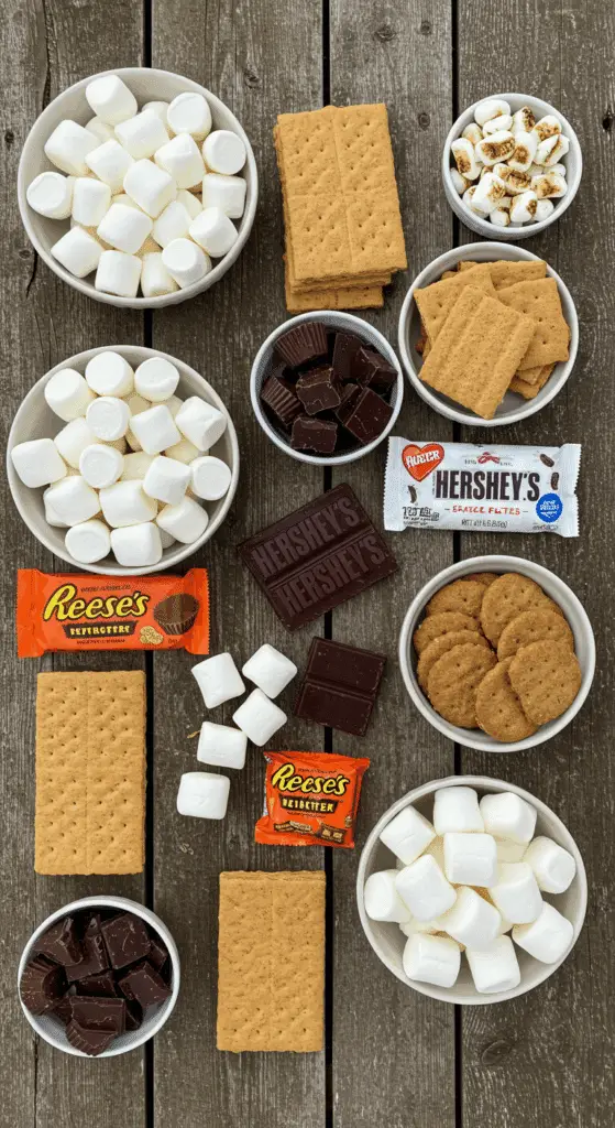 A variety of ingredients for a creative s'mores bar, including different chocolates and marshmallows.