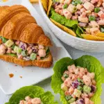 Three different ways to serve Southwest Chicken Salad: as a dip, in a sandwich, and in lettuce cups.