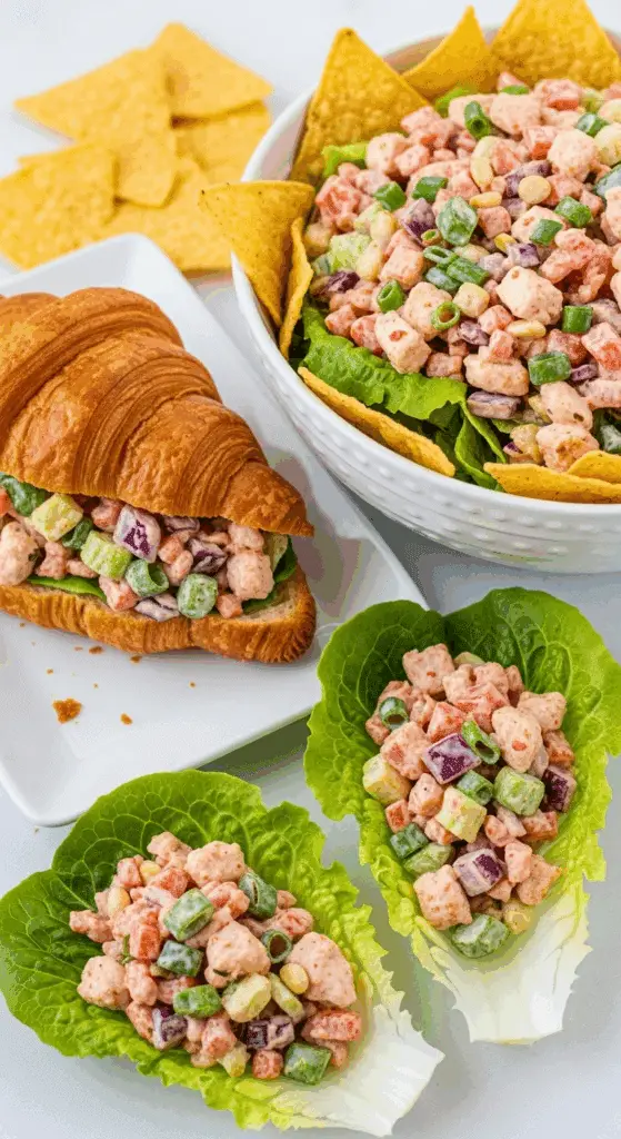 Three different ways to serve Southwest Chicken Salad: as a dip, in a sandwich, and in lettuce cups.