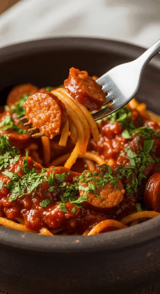 A delicious serving of the finished Spicy Sausage Pasta in a bowl.