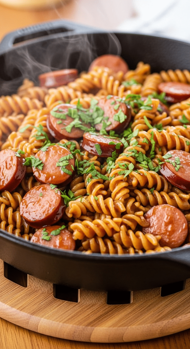 A skillet of homemade one-pot Spicy Sausage Pasta.