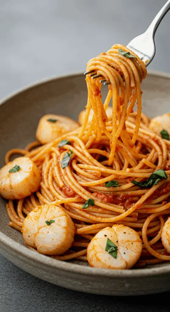 A bowl of homemade, restaurant-quality Spicy Scallop Pasta.
