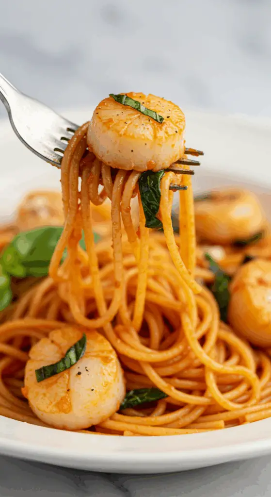 A forkful of the finished Spicy Scallop Pasta.
