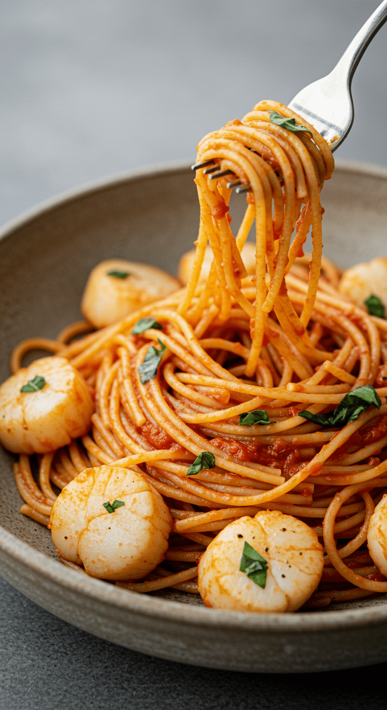 A bowl of homemade, restaurant-quality Spicy Scallop Pasta.