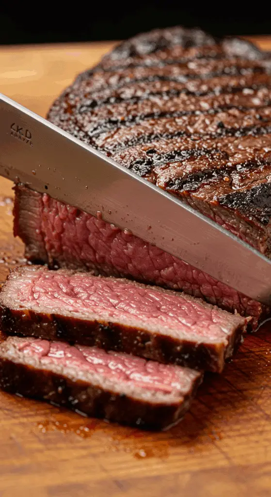 A knife slicing through a perfectly cooked medium-rare steak.
