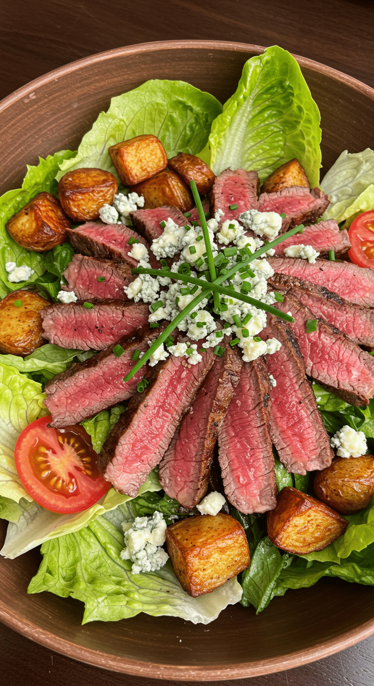A hearty, homemade Steak and Potato Salad in a bowl.