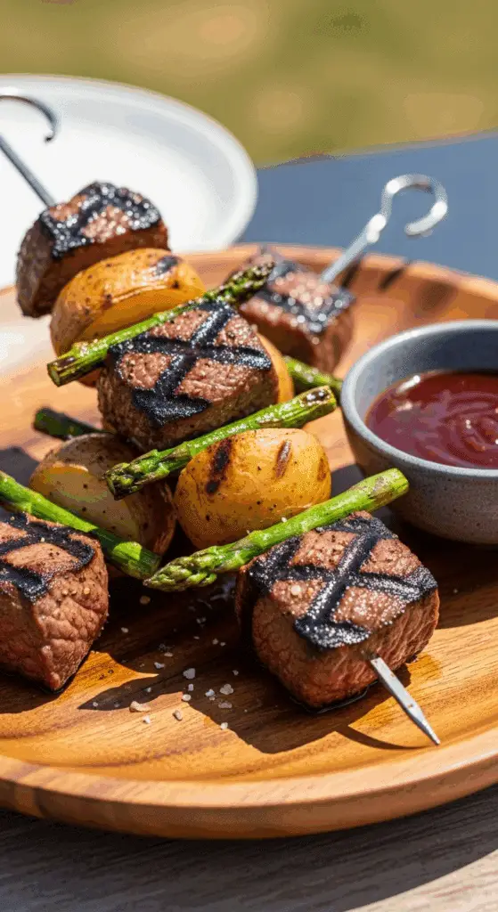 Two perfectly grilled, homemade Steak and Potato Kebabs on a platter.