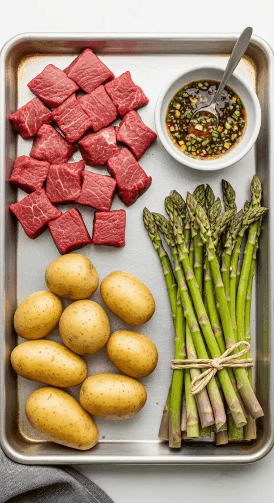 Raw ingredients for the Steak and Potato Kebabs.