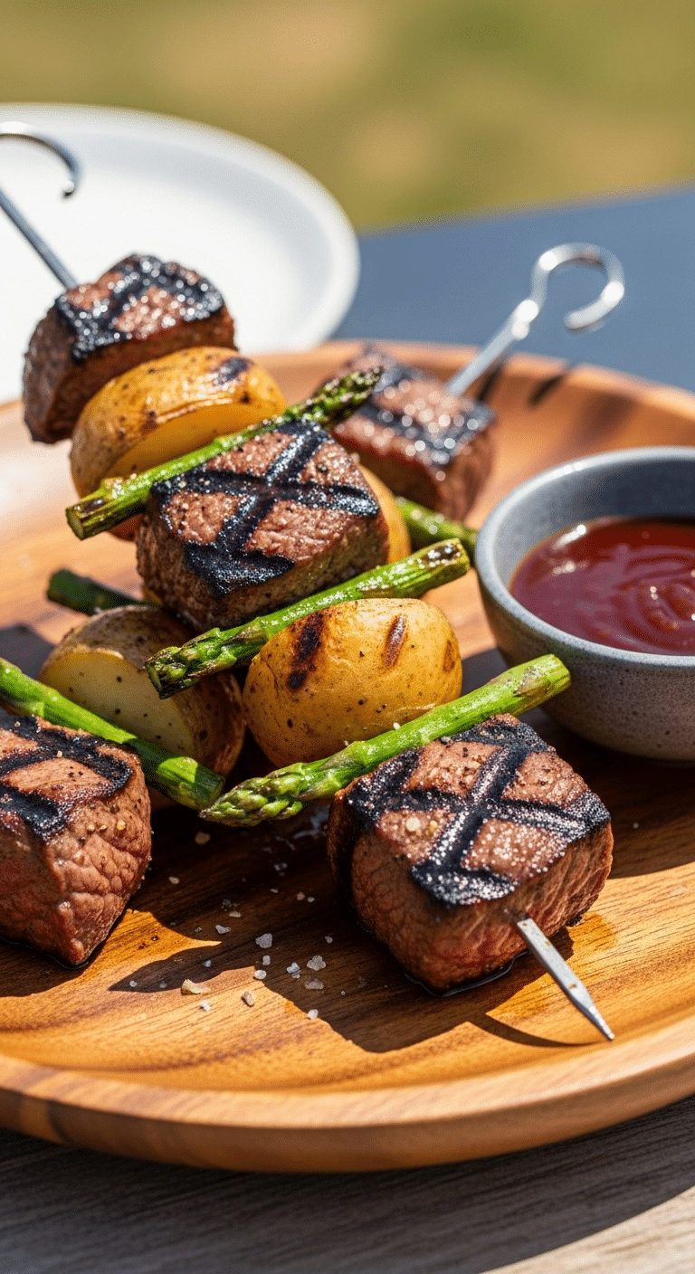Two perfectly grilled, homemade Steak and Potato Kebabs on a platter.