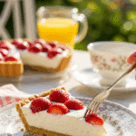 A perfect slice of Strawberry Cream Pie on a plate at a summer garden party.