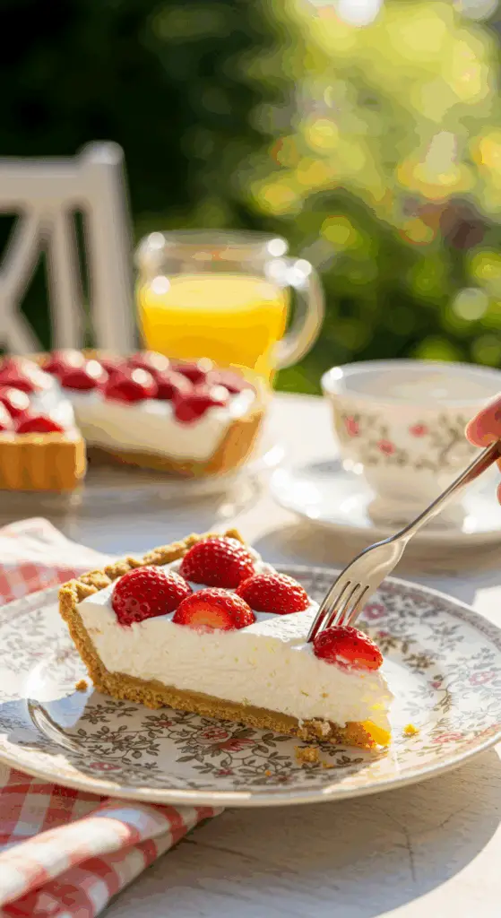 A perfect slice of Strawberry Cream Pie on a plate at a summer garden party.