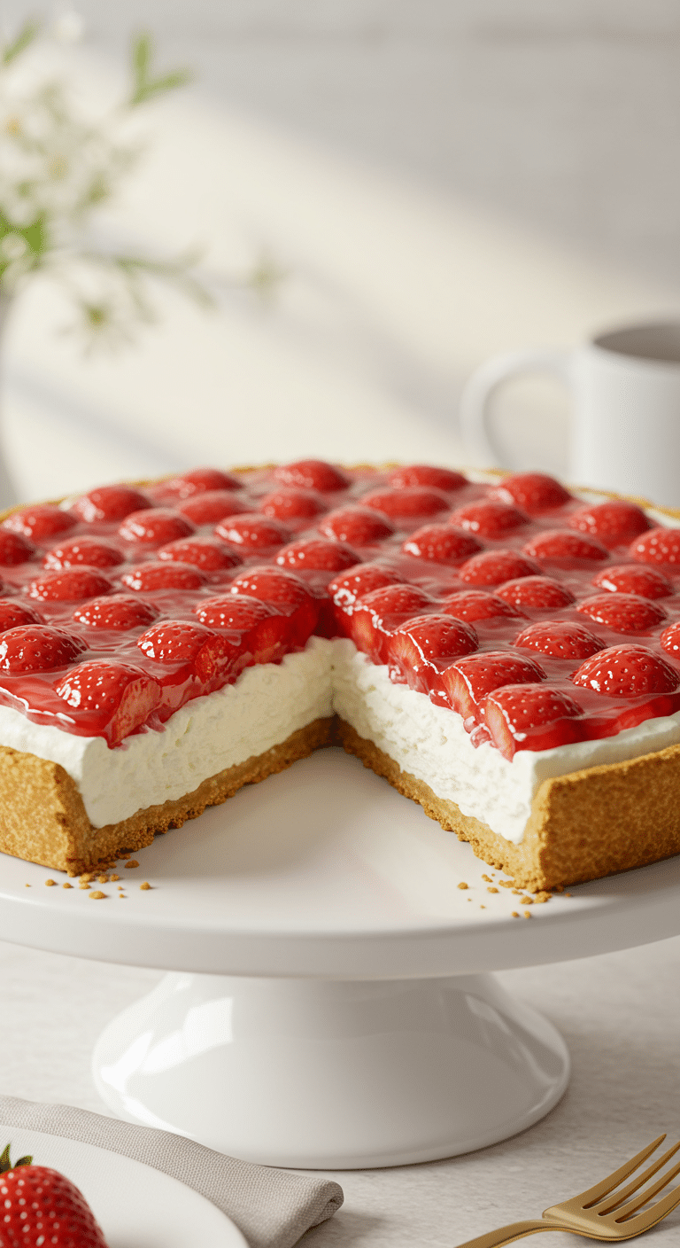 A beautiful, layered Strawberry Cream Pie on a cake stand with one perfect slice removed.