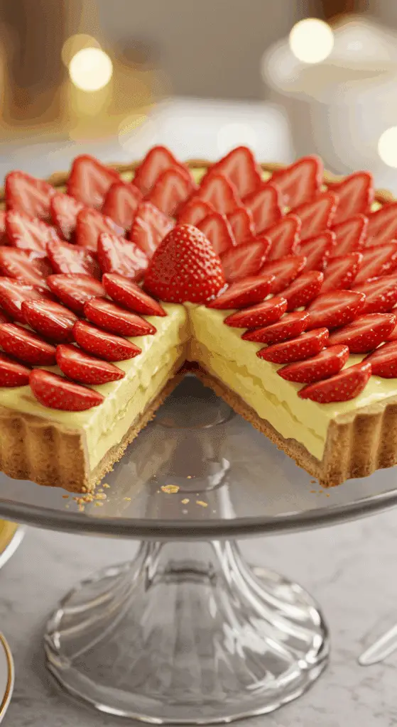 A stunning, bakery-worthy Strawberry Custard Tart with a perfect slice removed to show the creamy filling.