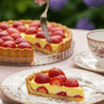 An elegant slice of Strawberry Custard Tart being served at a garden party.
