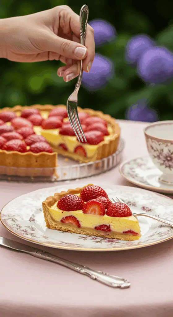 An elegant slice of Strawberry Custard Tart being served at a garden party.