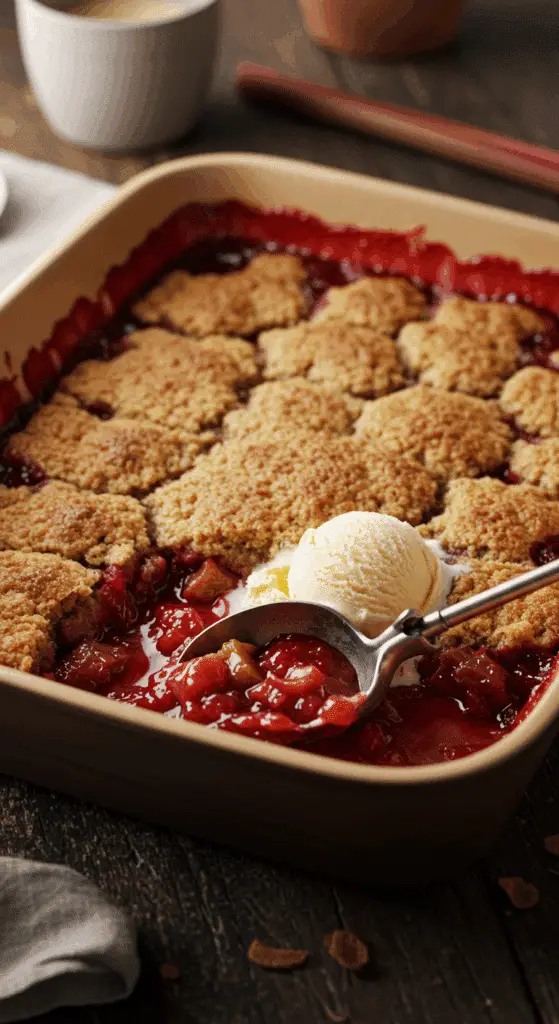 A warm, bubbly, golden-brown Strawberry Rhubarb Cobbler in a baking dish with a scoop of melting vanilla ice cream.