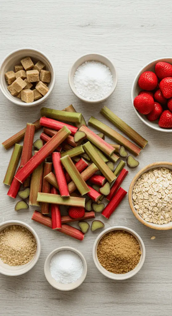 The fresh, colorful ingredients for the Strawberry Rhubarb Cobbler recipe.